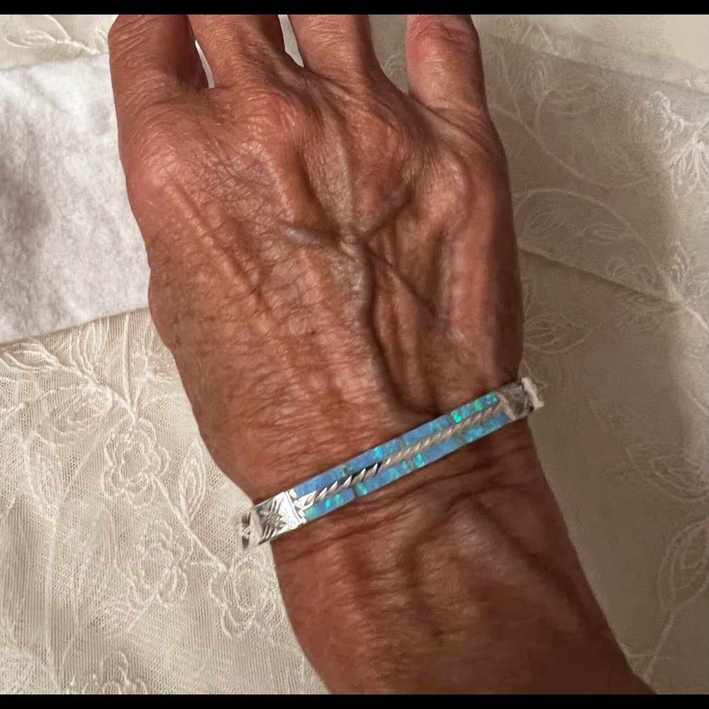 Sterling silver inlayed opal bangle bracelet